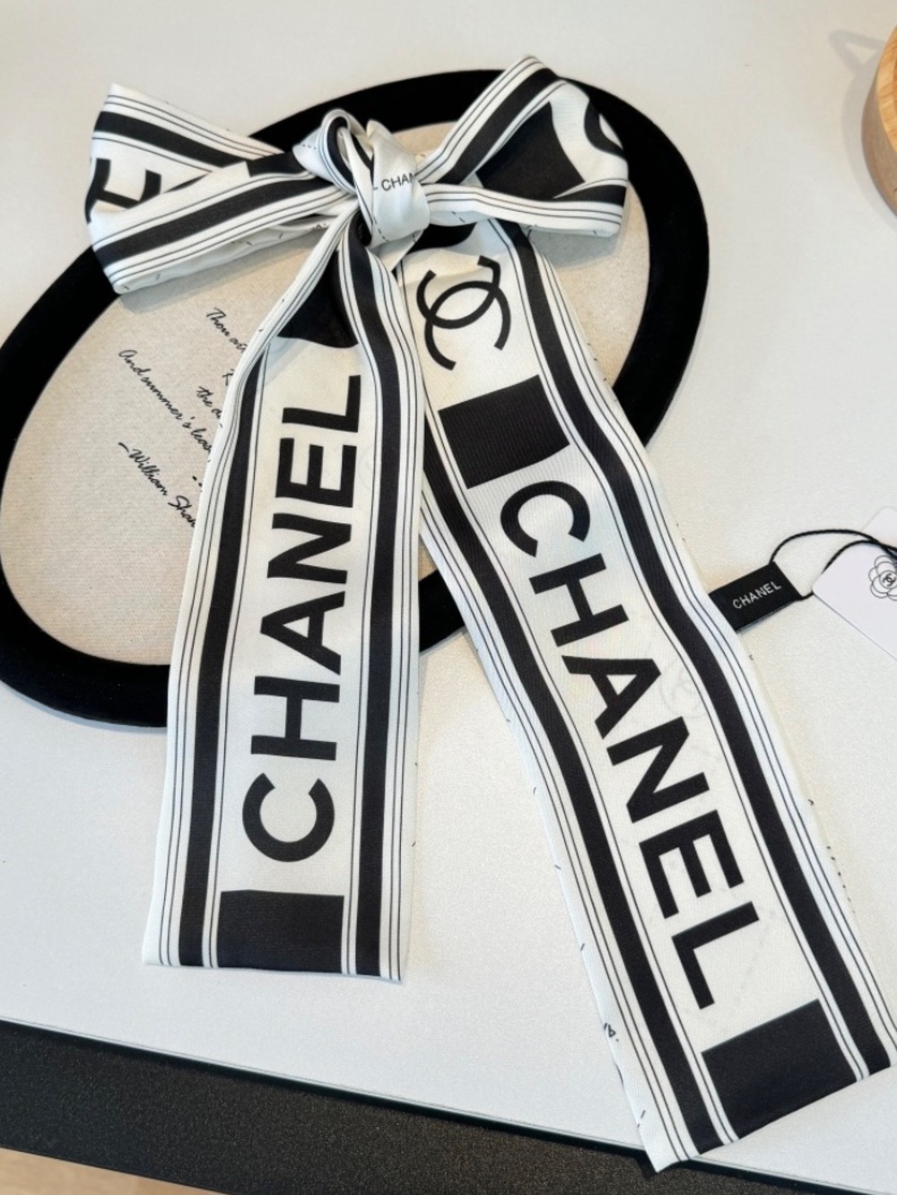 🖤 Double C Designer Black White Letter Logo Spell Out Silk Scarf